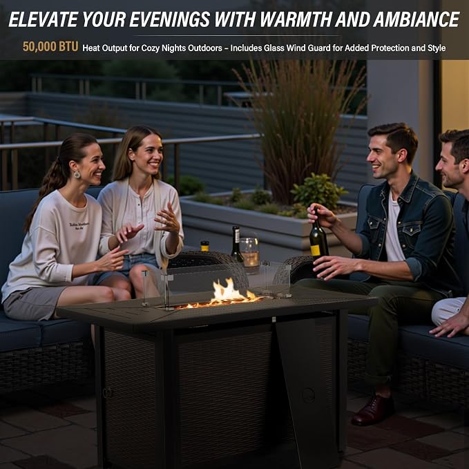 Belord Patio Furniture Set with Fire Pit Table - 8 Piece Outdoor Wicker Furniture Set with 43" 50000 BTU Propane Fire Pit and Rocking Chairs Patio Conversation Set for Deck Outside Backyard Black