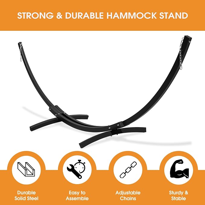 Lazy Daze Hammocks 12 FT 2 Person Double Quick Dry Textilene Hammock with Curved Steel Heavy Duty Stand for Outside, Backyard, Patio, 450 Lbs Capacity, Beige White Stripes