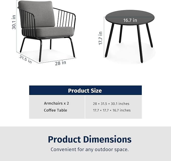 East Oak 3-Piece Plaza Patio Furniture Set, Outdoor Furniture with Thick Cushion Sofa and Coffee Table, Outdoor Bistro Set for 2, Modern Patio Conversation Set for Balcony, Black & Grey
