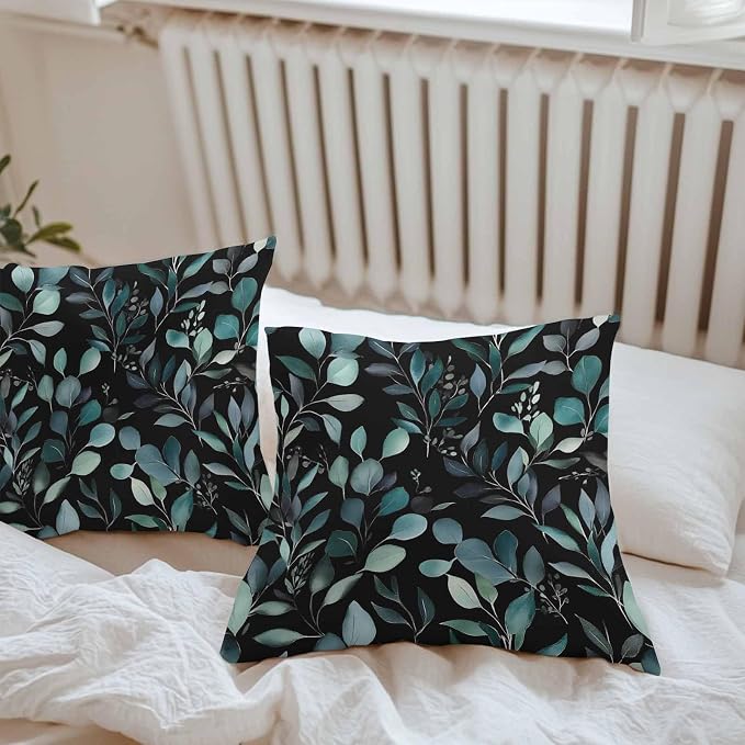 Throw Pillow Covers 16x16 Inch Set of 2, Teal Black Botanical Waterproof Outdoor Pillow Covers, Spring Eucalyptus Leaves Greenery Decorative Cushion Pillowcases for Couch, Sofa, Bed, Garden, Patio