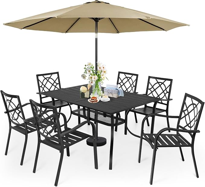 SUNCROWN 8-Piece Outdoor Wrought Iron Chairs and Table Patio Dining Furniture Set - 6 Stackable Metal Chairs, 1 Steel Slat Bistro Table and 1 Brown 9Ft Patio Umbrella for Garden Backyard Deck