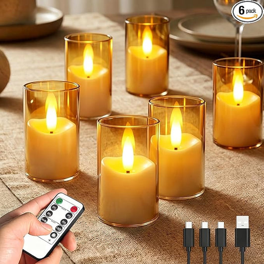 Rechargeable Acrylic Flameless LED Tea Lights with Timer, Flickering Warm Glow Votive Candles, Remote Battery Operated Set for Holiday & Daily Table Decor (Set of 6, Amber)