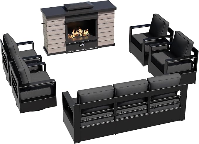 Outdoor Aluminum Furniture Set, 6-Piece Patio Conversation Set, 2 Swivel Chairs, 2 Chairs,1 Sofa and 1 Fireplace, All-Weather Metal Frame, 6" Thick Removable Cushions, Deep Setting for Porch