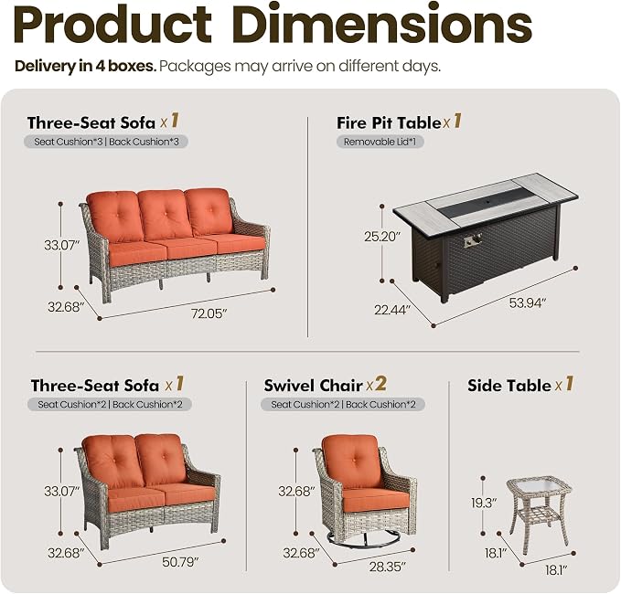 6 Piece Patio Furniture Set with Fire Pit Table, Conversation Sets with High Back Swivel Rocker Chairs, Outdoor Wicker Sofa Loveseat with Comfy Cushion for Backyard Deck Garden, Bold Orange