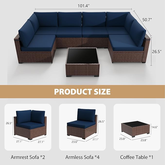 KIGOTY 7-Piece Patio Furniture Set, All-Weather PE Rattan Outdoor Sectional Sofa, Modular Wicker Conversation Set with Thick Cushions & Easy-Clean Coffee Table（Brown/Navy）