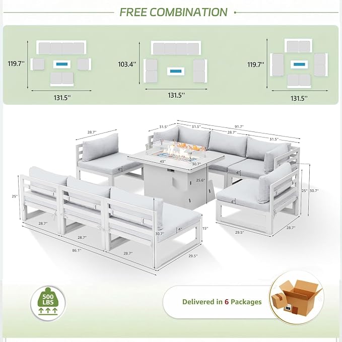 RADIATA 9 Piece Luxury Aluminum Outdoor Sectional Sofa with Fire Pit Table, Extra Large L Shaped Patio Furniture Set, 29 inch Deep Wide Seating, Comfortable Durable Conversation Set for 500 lbs, White