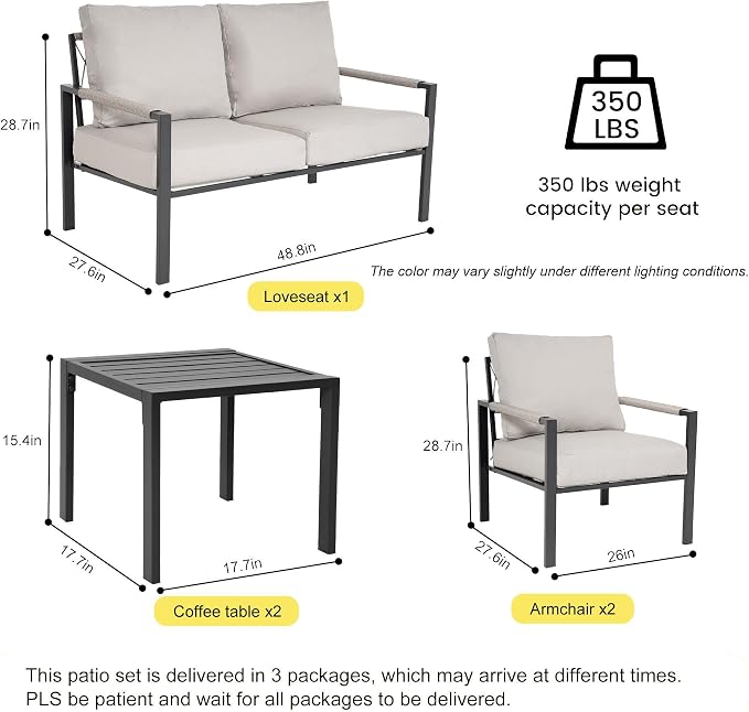 Metal Patio Furniture Set with 51inch Grey Fire Pit Table, 6-Piece Modern Outdoor Conversation Set with 6-Inch Thick Cushions, Outdoor Furniture Set for Garden, Backyard, Balcony, Poolside (Warm Grey)