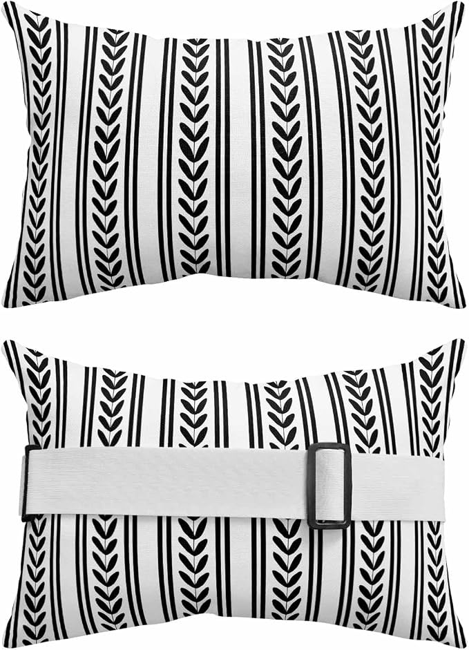 2PCS Outdoor Pillow for Chaise Lounge Chair Geometric White Black Leaves Stripe Waterproof Headrest Cushion with Insert Modern Ethnic Texture Lumbar Pillow for Beach Patio Poolside Office,11x16in