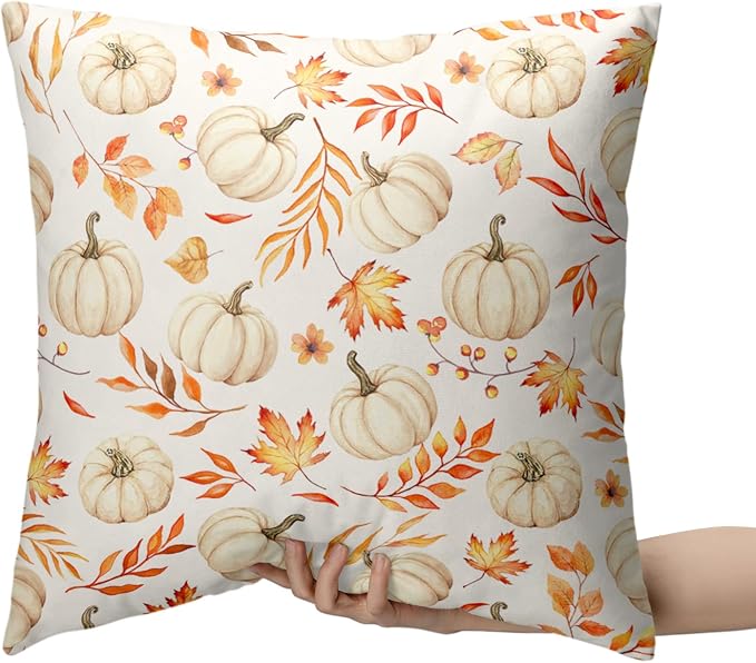 Fall Pillow Covers Autumn White Pumpkin Throw Pillow Covers Thanksgiving Harvest Pillow Cases 24x24 Maple Leaves Cushion Cases for Home Farmhouse Living Room Sofa Couch 2 Pack