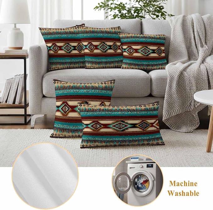 Boho Ethic Outdoor Pillow Covers 20"x12" Set of 2, Western Aztec Tribal Teal Brown Diamond Stripes Waterproof Throw Pillow Covers for Patio Furniture, Decorative Cushion Covers for Porch