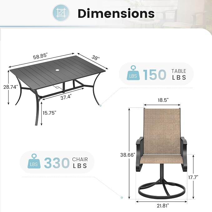 7 Pieces Patio Dining Set, Patio Outdoor Furniture Set of 6 Patio Swivel Dining Chairs and Patio Spliced Rectangular Tabletop with Umbrella Hole, for Deck, Backyard, Poolside & Garden