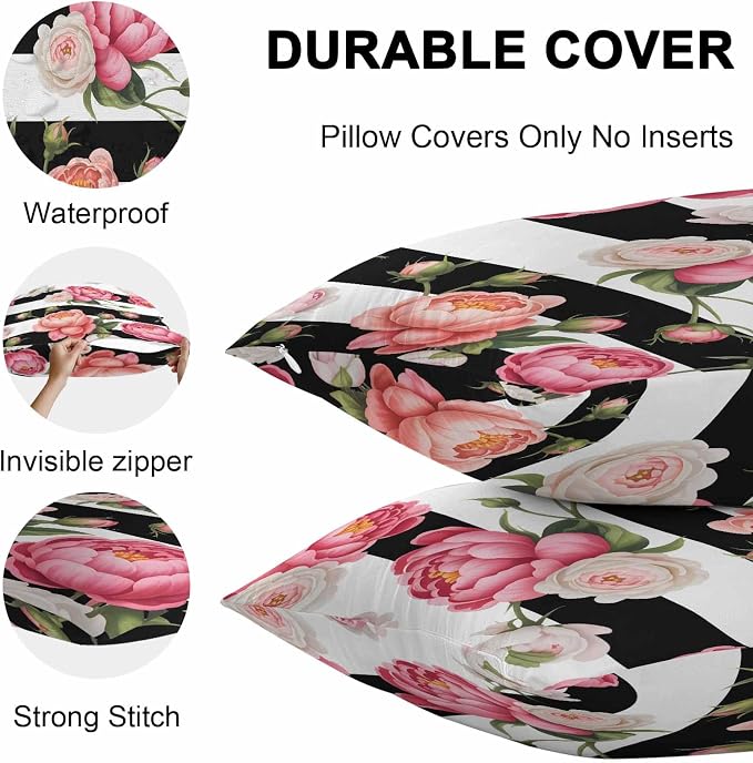 Outdoor Waterproof Throw Pillow Covers Set of 2 Pink Peony Rose Pillowcases 24x24 Inches Floral Black Stripes Decorative Pillows Cushion Case Patio Pillows for Couch Bed Chair Garden