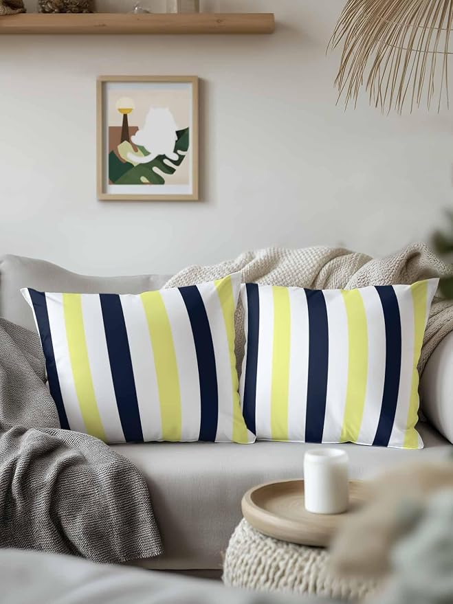 Outdoor Pillows Waterproof, Yellow Navy Blue Striped Bedding Throw Pillows with Insert for Couch Sofa Bed, Farmhouse Stripe Art 16x16 Inch Pillowcases Decorative Camping Patio Pillow Set of 2