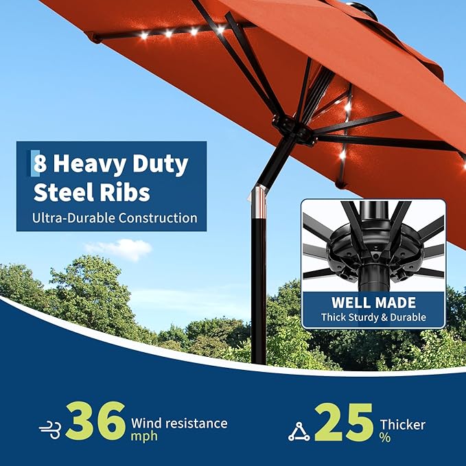 Garvee 9/10 FT Solar Patio Umbrella with 32 LED Lights - Outdoor Table Umbrella with Crank Lift, Push Button Tilt and 8 Sturdy Ribs - Market Umbrella UV Protection for Pool, Deck, Yard, Garden