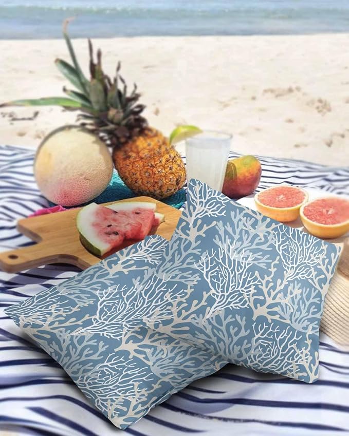 Outdoor Waterproof Throw Pillow Covers Set of 2 Teal Blue Coral Pillowcases 18x18 Inches Nautical Coastal Marine Life Patio Decorative Pillows Cushion Case Patio Pillows for Couch Bed Chair Garden