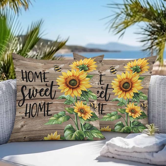 Throw Pillow Covers 20x20 Inch Set of 2, Sunflower Bee Waterproof Outdoor Pillow Covers, Farmhouse Country Wooden Plank Brown Decorative Cushion Pillowcases for Couch, Sofa, Bed, Garden, Patio
