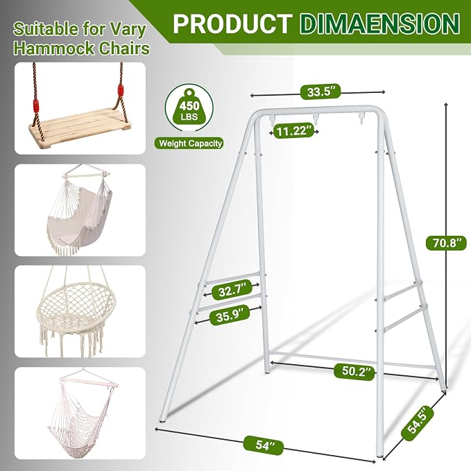 Outdoor Hammock Stand, Heavy Duty A-Frame Metal Stand with 3 Hooks, Weatherproof Design Fits Hammocks & Hanging Chairs, 450 Lbs Capacity for Backyard, Garden, Balcony & Porch