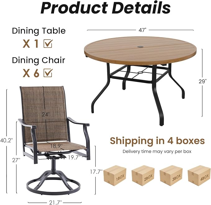 Soohow Outdoor Dining Set for 6, 7-Piece Patio Table and Chairs Set, 6 x Swivel Patio Dining Chairs and 47" Wood-Like Round Outdoor Table with 1.57" Umbrella Hole for Backyard, Poolside