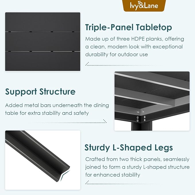 IVY&LANE Outdoor Dining Table | HDPE | 67’’ Rectangle Tables | Black | All Weather | Umbrella Hole | Patio Furniture | for Poolside Lawn Garden Backyard