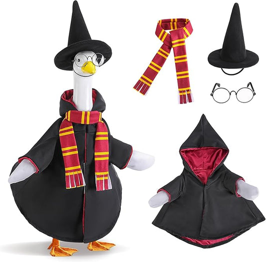 Watayo 4 Pcs/Set Christmas Wizard Goose Outfits, Lawn Porch Goose Statue Wizard Costume, Garden Goose Witch Clothes with Hat Scarf Glasses for 23" Statue Christmas Fall Outdoor Patio Yard Decor