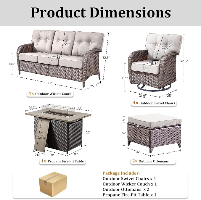 8 Piece Outdoor Patio Furniture Set with Fire Pit Table,Conversation Sectional Wicker Couch with Swivel Chairs,Modern Outside Sofa for Balcony Backyard, Brown/Beige