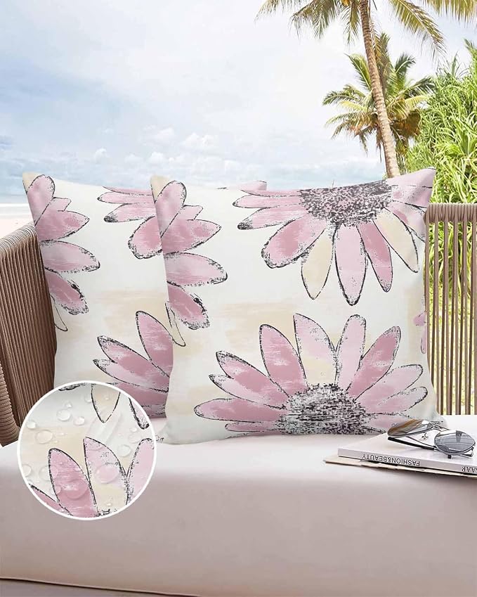 Vandarllin Outdoor Throw Pillows Covers 16x16 inch Set of 2 Waterproof Pink Sunflower Decorative Zippered Cushion Covers for Patio Furniture, Flower Field Lumbar Pillowcases