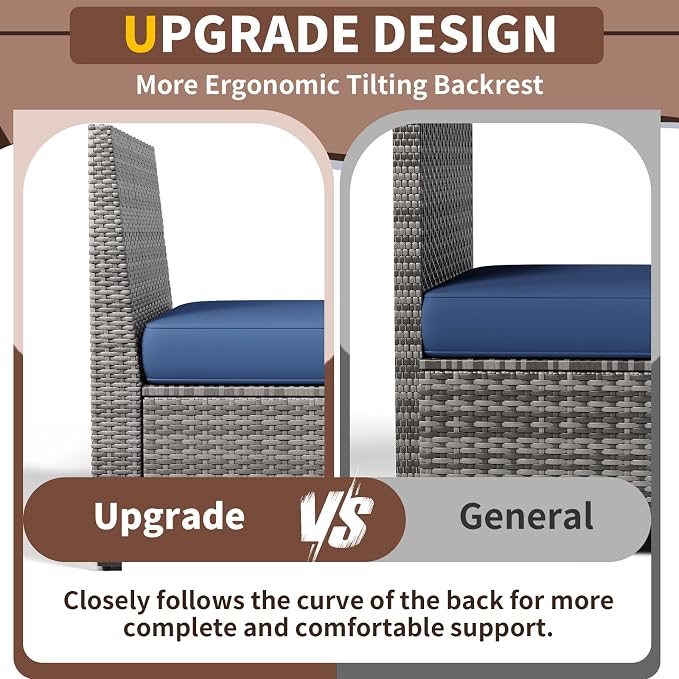 Outdoor Patio Furniture Set, 8‘’ Wide armrest Outdoor Sectional Rattan Sofa Set, Wicker Patio Furniture Sets w/Coffee Table,Thick Cushions for and Cover for Porch,Deck,8 PCS (Grey&Navy)