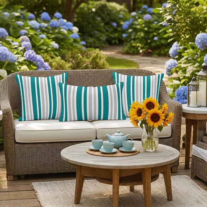 Teal Grey Stripe Outdoor Pillow Covers 18x18 Inch Throw Pillow Covers Set of 2 Waterproof Decorative Pillow Cases Farmhouse Minimalist Striped Cushion Covers for Patio Furniture Garden Couch Sofa