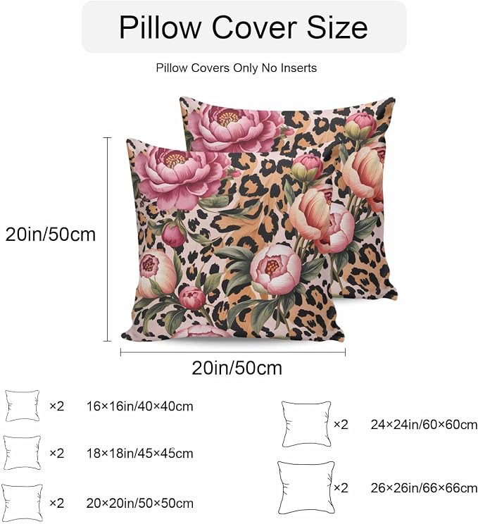 Vandarllin Outdoor Throw Pillows Covers 26x26 inch Set of 2 Waterproof Leopard Print Decorative Zippered Cushion Covers for Patio Furniture, Pink Floral Retro Animal Skin Lumbar Pillowcases