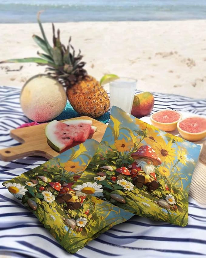 Outdoor Waterproof Throw Pillow Covers 24x24in, Fall Gnome Mushrooms Cushions for Garden Patio Furniture Chairs Set of 2, Sunflowers Floral Home Decor Couch Sofa Polyester Pillow Cases