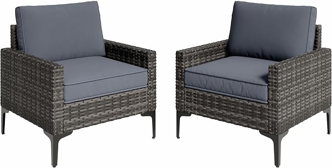 Jing's Villa 2-Piece Outdoor Sectional Single Chair Set, All-Weather Wicker Patio Furniture with L/R Armrest & Cushions, Comfortable Garden Conversation Set for Backyard, Poolside, Deck,Grey