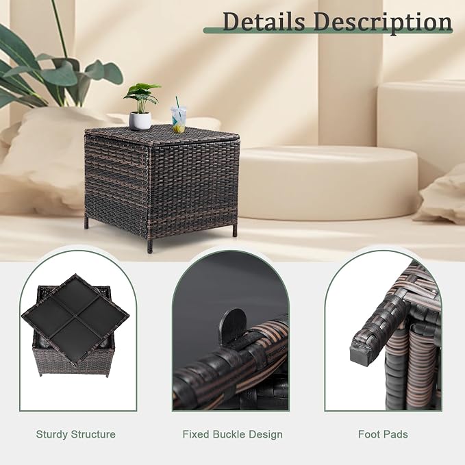 Outdoor Small Deck Box with Lid, Outdoor Wicker Side Table with Storage, Wicker Storage Box Patio Rattan End Table Small Resin Square Container Coffee Table Outdoor Side Table Patio Storage Box