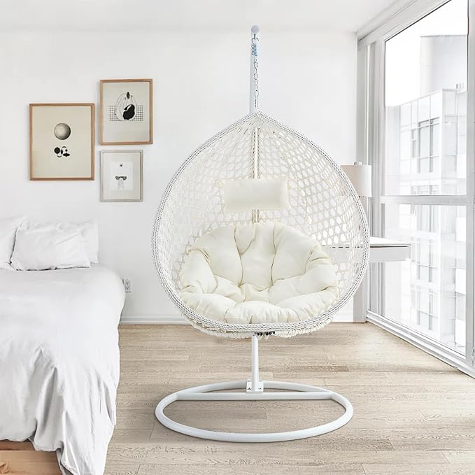 Egg Chair Indoor, Hanging Egg Chair with Stand, Rattan Wicker Swing Chair with Cushions, Swinging Chair for Bedroom Outdoor Patio Balcony Backyard Heavy Duty 350LBS,White