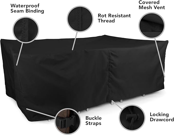 Covermates Ultima Outdoor Rectangular Dining Table & Chair Cover with Umbrella Hole – All-Weather Water-Resistant Rip-Resistant Polyester, Drawcord & Buckle Straps, 90W x 58D x 30H, Ripstop Black