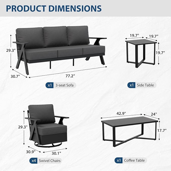 COOS BAY Iron Luxe 7 Piece Outdoor Patio Furniture Set, Modern Patio Conversation Set with 4 Swivel Rocking Chairs, a 3 Seat Couch, Coffee Table & Side Table for Deck, Garden, Porch, Black/Gray
