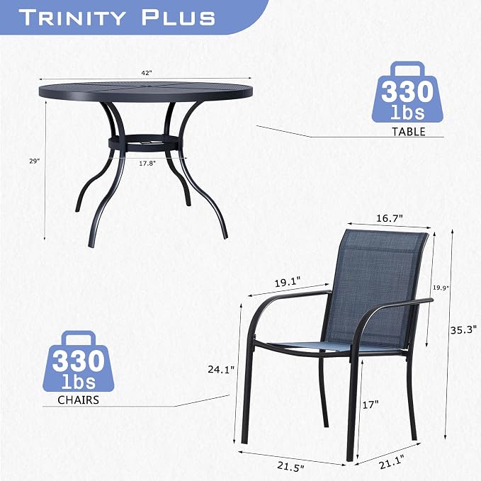 5 Piece Patio Dining Set for 4, 42” Black Round Table with Umbrella Hole and 4 Dark Blue Patio Stackable Chairs, Patio Table and Chairs for Backyard, Lawn, Deck & Garden