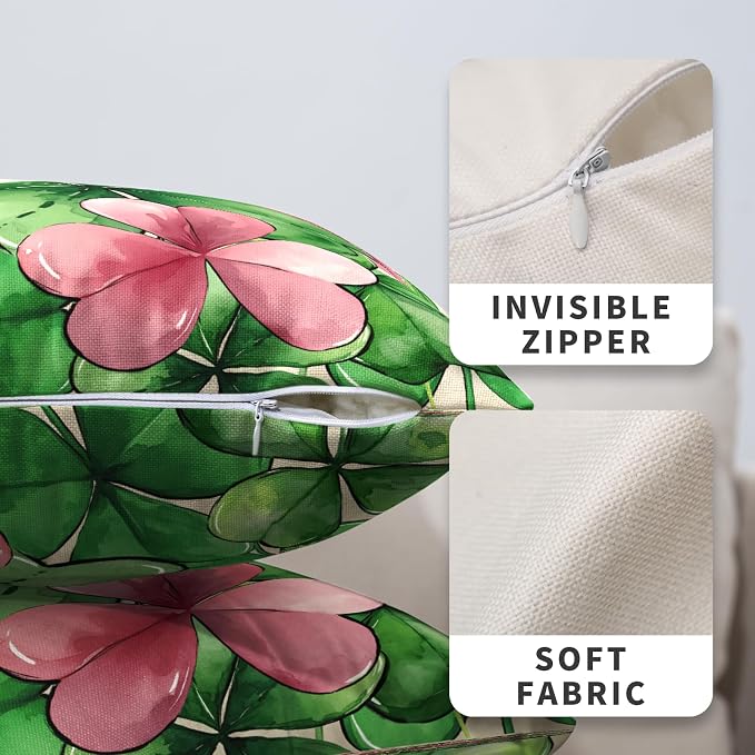 Green Pink Shamrock Pillow Covers 20x20 Set of 2 St Patricks Day Square Cotton Linen Pillow Cases Lucky Charms March Cushion Cases for Couch Sofa Home Indoor Outdoor Decor