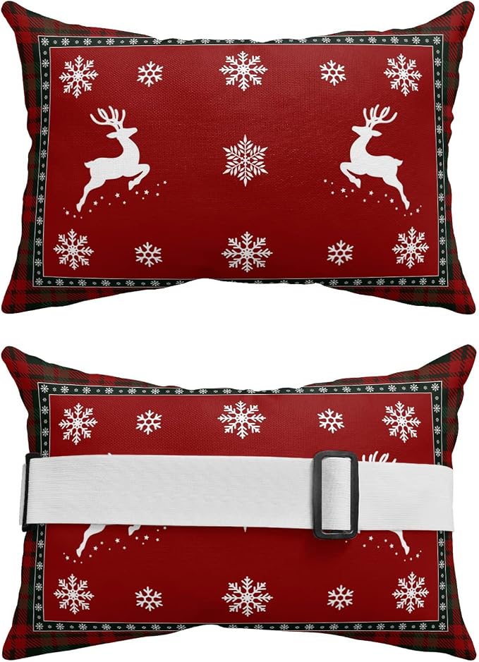 Outdoor Pillows Covers with Inserts Christmas Elk Snowflake Plaid Border Waterproof Recliner Pillow with Adjustable Strap Throw Pillows for Patio Furniture Pool Lounge Chair, 11x16 inch, 1PCS
