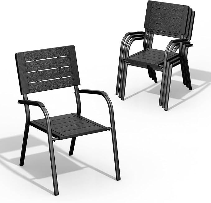 VINGLI Outdoor Patio Dining Chairs, Stackable HDPE All-Weather Arm Chairs, Weatherproof Outdoor Seating for Garden, Backyard, Poolside, Balcony,Black (4 Pack)