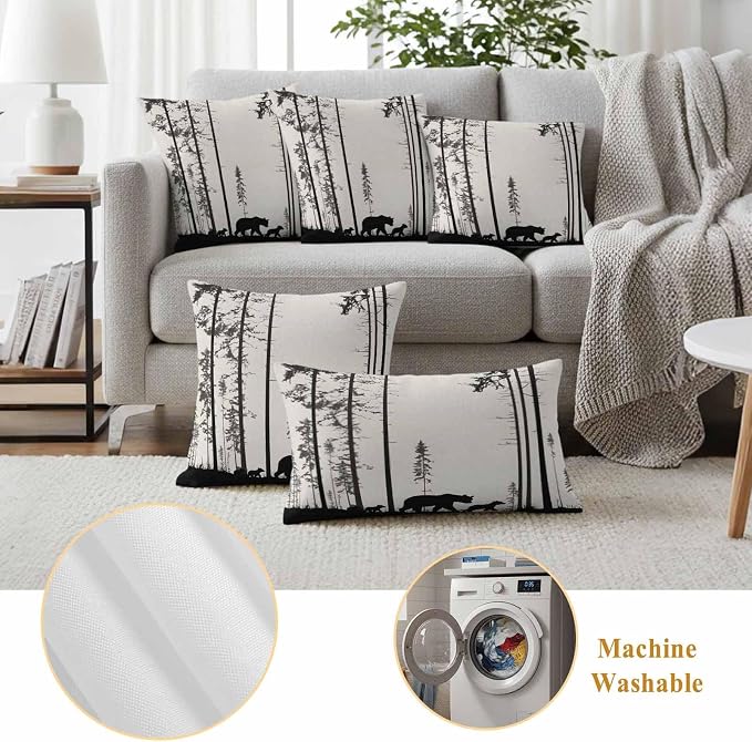 Abstract Outdoor Waterproof Throw Pillow Covers Set of 2, 18"x18", Animal Bear Family Forest Trees Silhouette Decorative Pillow Covers Outside Cushion Case for Patio Porch Garden