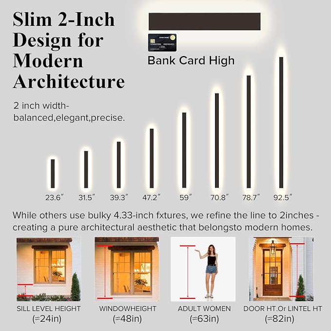 31.49 Inch Outdoor Wall Lights, Ip65 Waterproof Linear Led Modern Wall Sconce, LED Strip Porch Lights with Remote Dimming Lighting Fixture Acrylic Anti Rust 2700-6500K Dimmable (2 Pack)