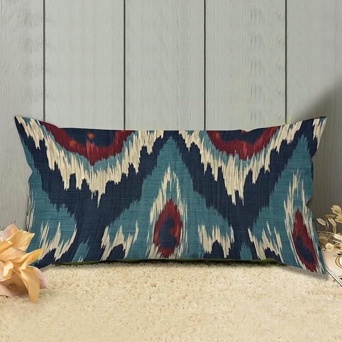 Zipped Pillow Cases for Home Decor Blue Green Red Cream Ikat Pattern Throw Pillow Cover Set of 2 Farmhouse Cushion Cover Cases for Living Room Club Home Decor 12x24in