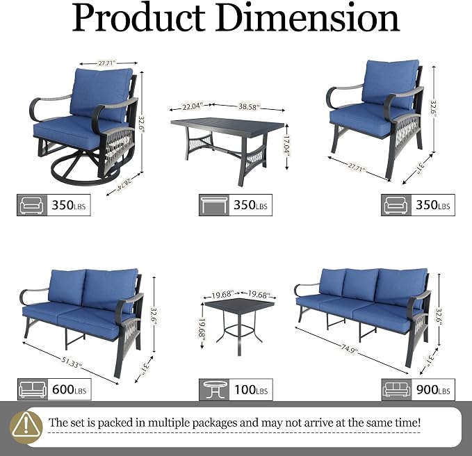 8 Pieces Patio Conversation Sets, All Weather Metal Outdoor Furniture Set with Swivel Rocking Chairs Set, Outdoor Furniture Set with Sectional Sofa Couch Loveseat (Blue Cushions)