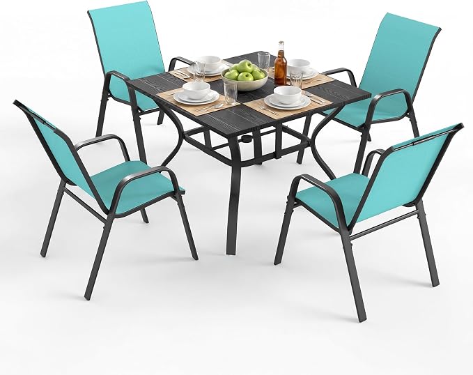Outdoor Patio Dining Set for 4, 5 Pieces Patio Table and Chairs Set with Umbrella Hole, 37.8"x 37.8" Square Metal Wood-Grain Dining Table Set with 4 Stackable Patio Chairs for Deck , Backyard, Porch