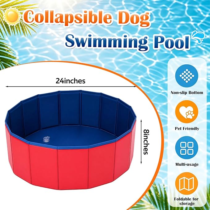 Chunful Red Foldable Dog Pool with Storage Bag, Pet Swimming Pool Hard Plastic Portable Bath Tub for Dogs, Cats, Backyard, Beach, and Summer Play, Indoor & Outdoor Use (24" X 8")