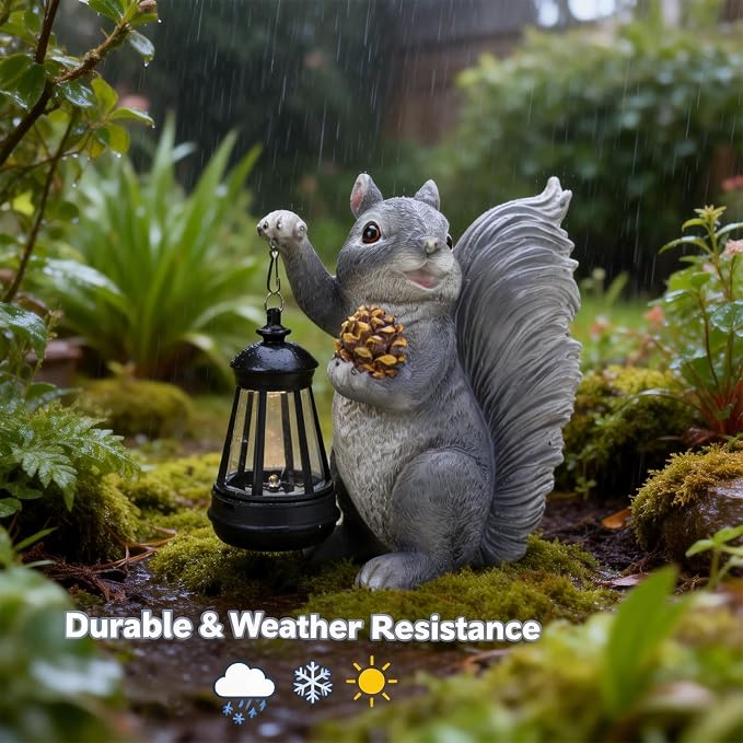 Solar Squirrel Garden Statue Outdoor Decor, Squirrel Sculpture with Lantern for Yard Lawn Patio Balcony, Birthday Housewarming Gifts for Mom, Grandma, Women, Resin, Grey