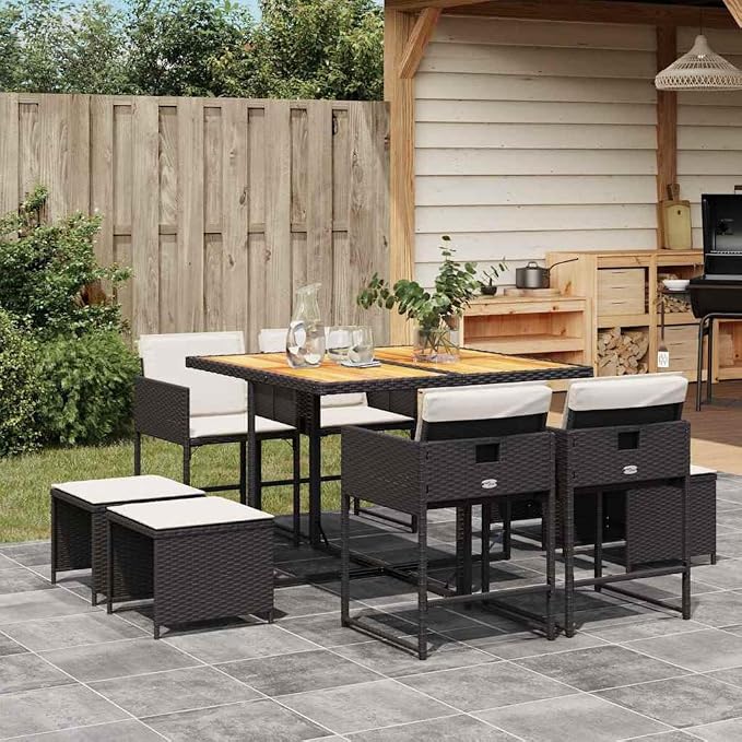 9-Piece Wicker Patio Dining Set with Acacia Wood, Black & Cream | Includes one dining table and eight cushioned chairs, ideal for backyard, deck, or terrace family gatherings.