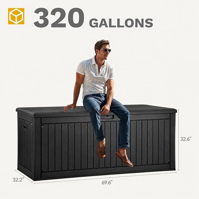 DWVO 320 Gallon Resin Outdoor Storage Box, XXL Double-Wall Waterproof Deck Box with Divider, Doubles as Table or Seating with 1000 lbs Capacity, Lockable (Black)