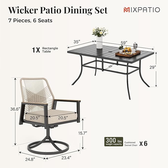MIXPATIO 7 Pieces Outdoor Patio Dining Set, Wicker Patio Table and Chairs Set of 6, Swivel Wicker Chairs with 3.2" Cushion and Rectangular Table with Umbrella Hole for Yard, Porch, Beige