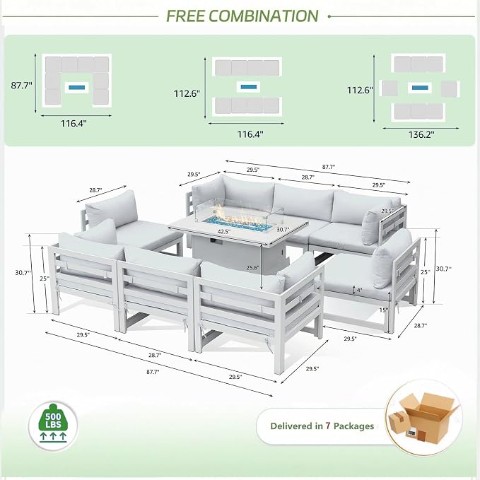 RADIATA 9 Piece Luxury Aluminum Outdoor Sectional Sofa with Rectangular Fire Pit Table, Oversized L Shaped Patio Furniture Set, 29" Deep Wide Seat, 500 lbs Heavy Duty Conversation Set for Yard, White